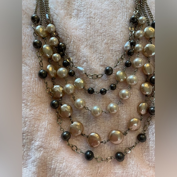 Talbots Faux Pearl 5 Strand Necklace With Gold Tone Chains. - Picture 3 of 8